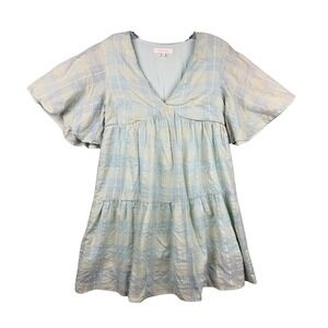 Plaid Tiered V Neck Flutter Sleeve Mini Dress Baby Blue Cream Size S